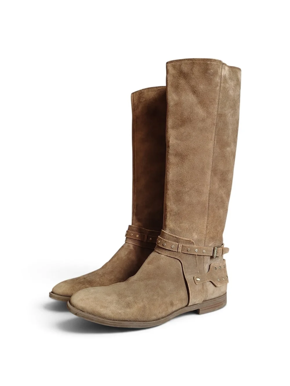 Nine West Luciana Tan Suede Studded Harness Riding Boots Women's Size 9